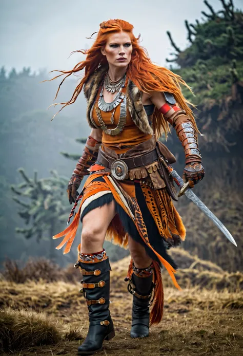 A Striking beautiful European Female Warrior with long orange hair, powerful figure, adorned with tiger-patterned gloves, animal skin kilt that swirls with life, furry suede ankle boots that ramp up the wild vibe, set against the backdrop of a triassic fog...