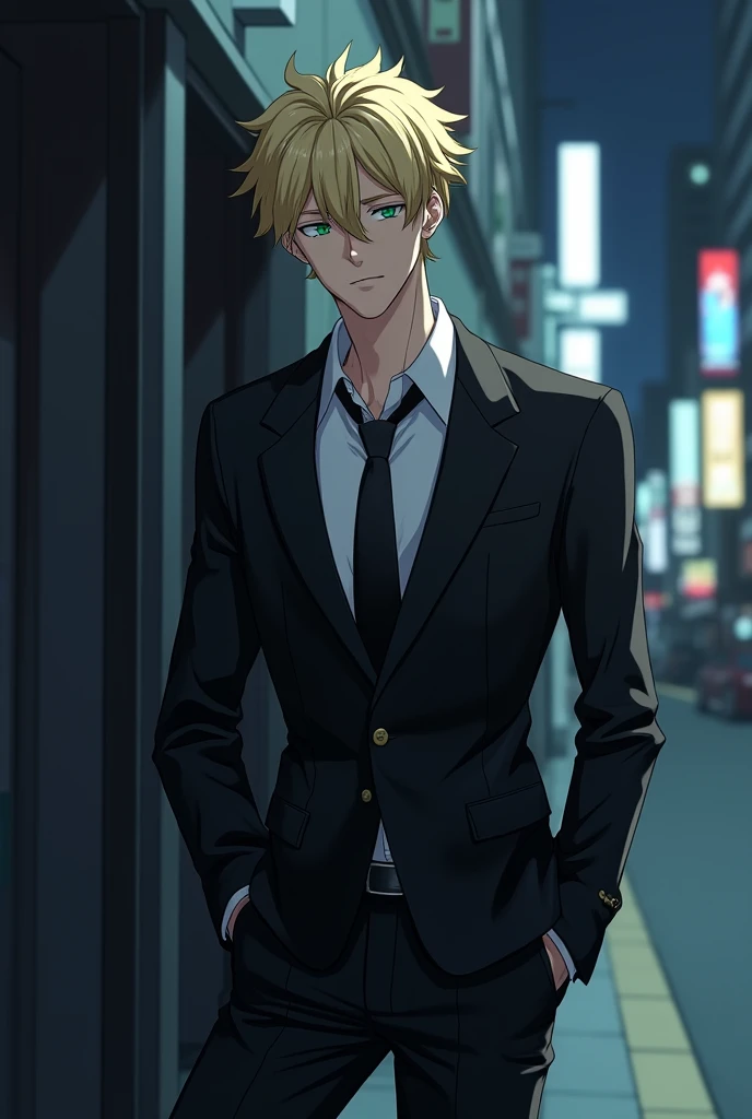 1 anime man, tall, lanky toned build, cocky smirk, short messy pale blonde hair, very handsome, sexy, green eyes, wearing a black pants suit with a white collar button up underneath, black tie, outside at night on the steeets of Tokyo, leaning against a bu...