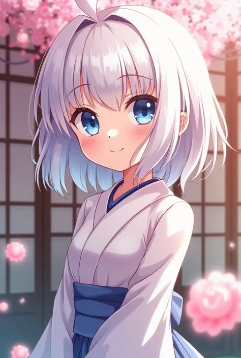 2D Japanese anime girl character with blue eyes and short white hair