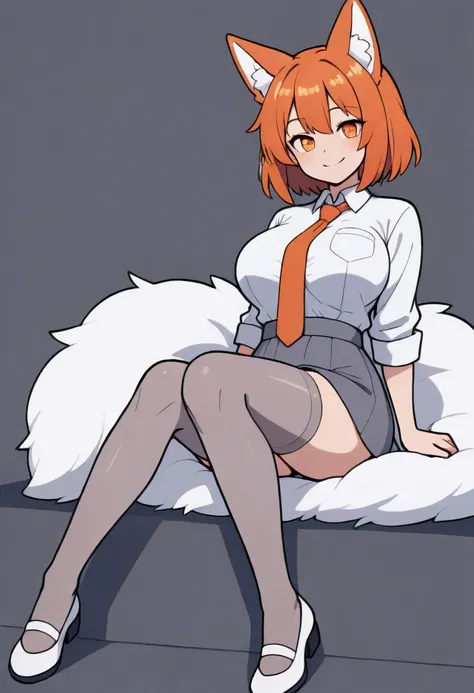 A Kemonomimi Fox girl with a beautiful face, Orange eyes, Orange hair, short hair, cute fluffy Fox ears, Orange Tie, white Shirt, grey skirt, Long dark grey thigh high stockings, cute japanese Shoes, smiling, Charismatic, big breasts