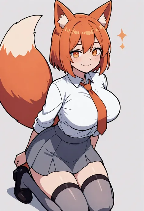 A Kemonomimi Fox girl with a beautiful face, Orange eyes, Orange hair, short hair, cute fluffy Fox ears, Orange Tie, white Shirt, grey skirt, Long dark grey thigh high stockings, cute japanese Shoes, smiling, Charismatic, big breasts