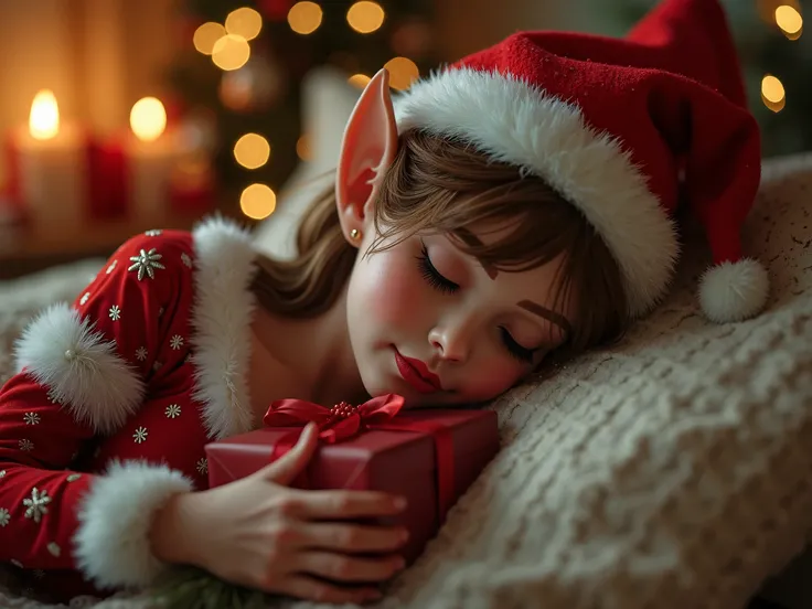 a naughty female Christmas elf curled up asleep in sexy Christmas pajamas tightly gripping an unopened present