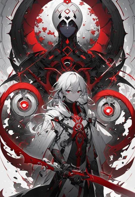 a demi-human with gray skin, white hair, red eyes, a sword in his hands with omega symbols in red on the sword, portals behind him, high definition 8k