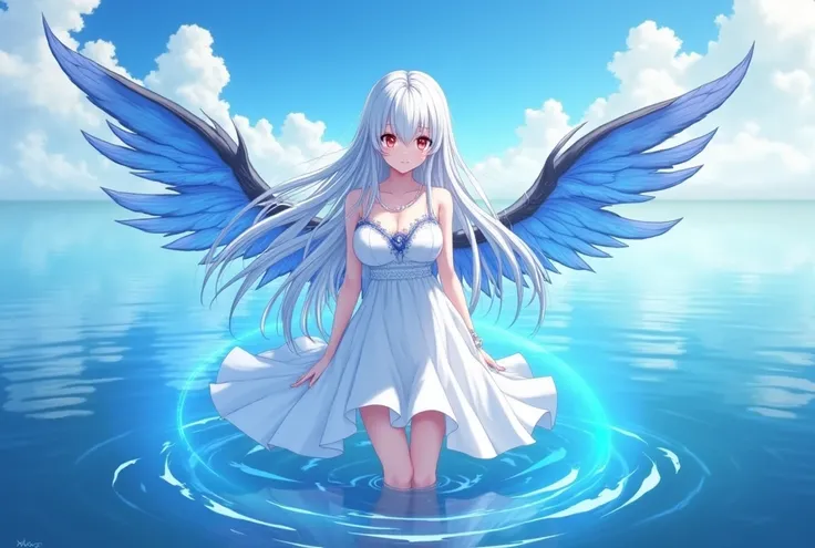 Anime girl sexy body white silver hair very red eyes with white dress in the sea and is reflected in the water the sky looks beautiful and she stands but without shoes in the sea, long hair, big breasts, very beautiful and a bright blue aura surrounds her ...