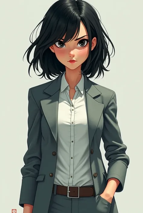 Pixar-style poster ,  of a woman with both surgical gray color( gray jacket and pants ), loose black hair ,  with black eyes  , que se vea el Cuerpo completo.without stethoscope