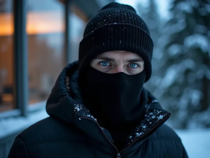 A young man wearing a black ski mask and black beanie, leaving only his piercing blue eyes visible. The mask and beanie are snug, covering most of his face except for the eyes and upper nose area. He is dressed in dark, winter clothing, with snow-covered p...