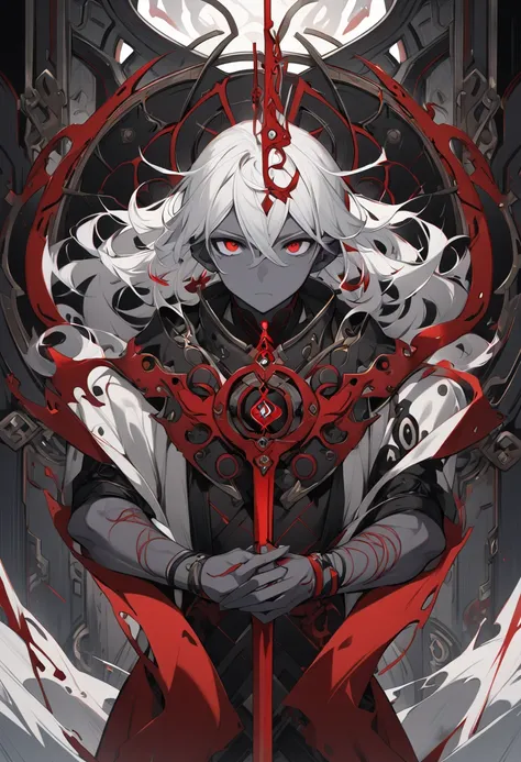 a demi-human with gray skin, white hair, red eyes, a sword in his hands with omega symbols in red on the sword, portals behind him, high definition 8k