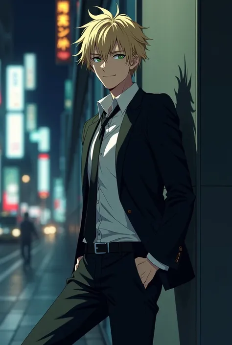 1 anime man, tall, lanky toned build, cocky smirk, short messy pale blonde hair, very handsome, sexy, green eyes, wearing a black pants suit with a white collar button up underneath, black tie, outside at night on the steeets of Tokyo, leaning sideways aga...