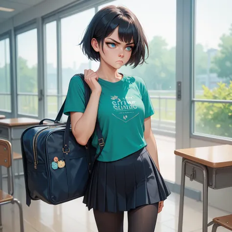 cute, anime, black hair, short hair, leggings, black skirt, green t-shirt, school, blue eyes, student, fit, annoyed, bag, looking away