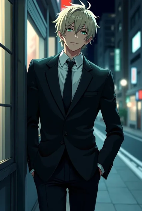 1 anime man, tall, lanky toned build, cocky smirk, short messy pale blonde hair, very handsome, sexy, green eyes, wearing a black pants suit with a white collar button up underneath, black tie, outside at night on the steeets of Tokyo, leaning sideways aga...