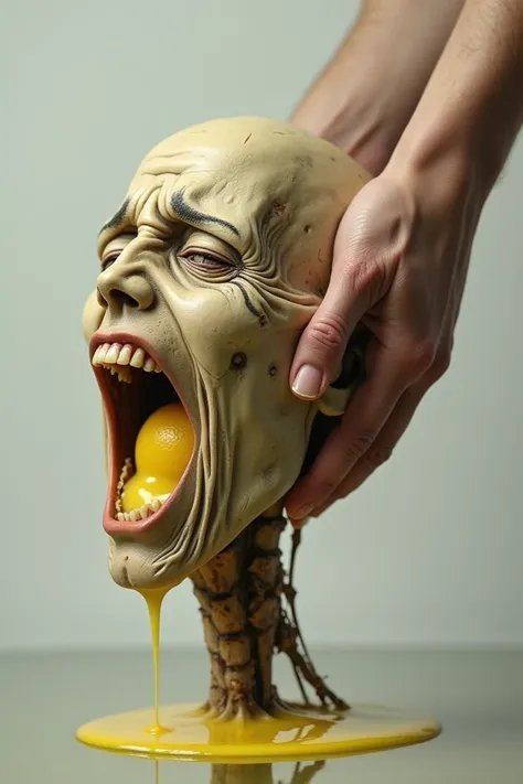 A real human head, chipped in a human hand, squeezes out lemon juice,