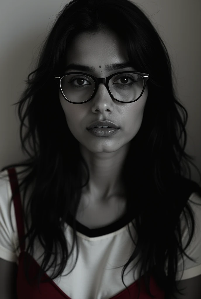 35 yo indian woman with glasses.. Black and white tshirt with red. Bra. Starp showing 