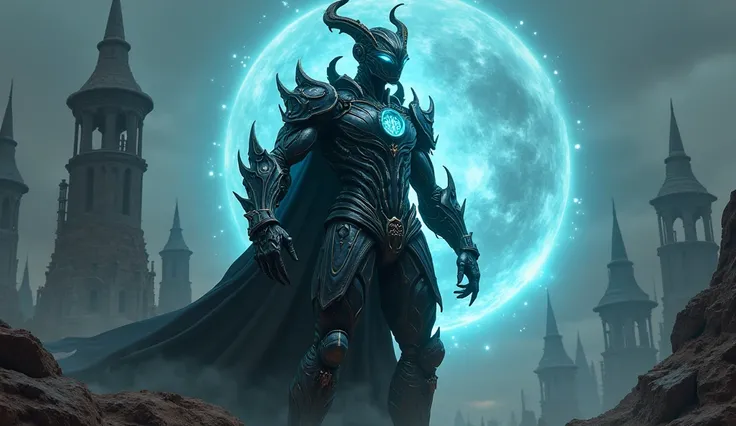 Generate an image of a formidable supervillain known as Khronos, a master of time and darkness, with a physique that appears to be carved from the very fabric of shadows. Khronos stands at an imposing height, his body a mesh of dark, metallic armor adorned...