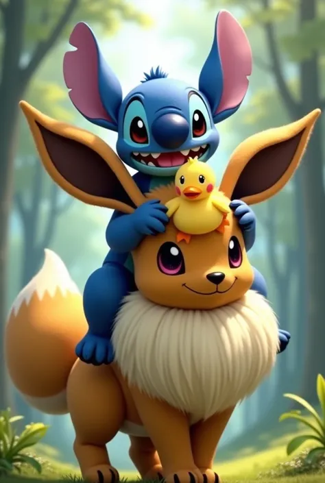 Stitch rides on a Eevee while holding a plush duck in his paws 