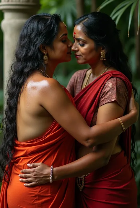 Two indian bengali wives with bindi having same age of 40 years looks like actress Ramya Krishnan wearing wet sarees without blouse hugging each other and looking at the camera and the viewers 