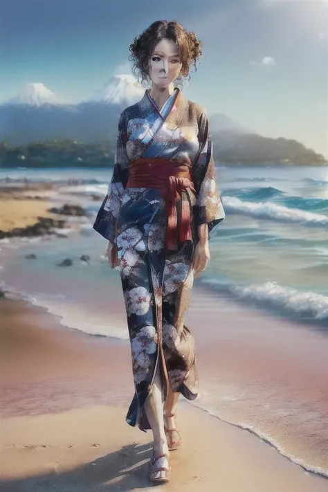 (best quality:1.2), (hyper-realistic:1.8), (((34_year_old_japanese_woman))), (skin texture:1.2), (high detail face:1.2), (((curly_short_brown_haired))), brown_eyed, (((pale_skin))), ((wearing-red-yukata)), front_view, (((walking))), (((shining_sunny-scener...