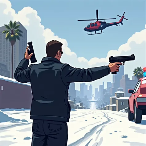 
in the cartoon style of GTA 5 RP. In the snow. The bandit is facing me, with his arms raised (in one hand is a machine gun), looking to the right of his right shoulder in the city of Los Angeles. A police helicopter flies above him