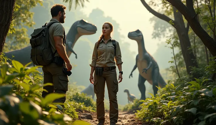 Chris Pratt with his researcher girlfriend, standing in the Jurassic world forest in background multiple Dinasour standing. 