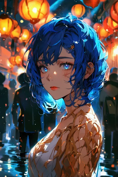 man, solo, medium length hair ,  blue hair , Hair combed ,Closed Mouth,  blue pupils ,  White shirt,  A scar on her right eye ,  better quality , A number of people,  Flood lighting,  The character design 