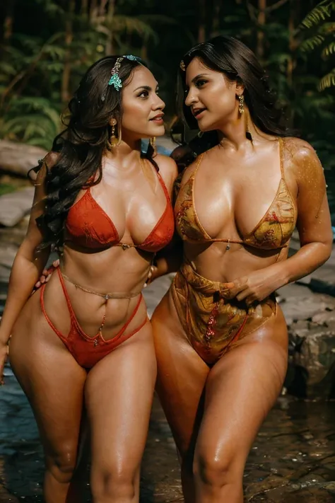 Indian beautiful aunt and young woman, two lesbian women, two naked women, naked full body, aunt in her 50s, dark skinned aunt, red lips, big breasts, aunt wearing a small red dot (bindi) on her forehead, aunt wearing a refined nose ring and beautiful earr...