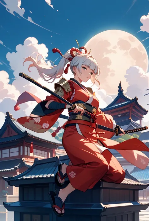 Samurai in red ,  black and gold armor with the katana unsheathed on his back on a roof of a Japanese castle and a full moon illuminated with a cloud partially covering it