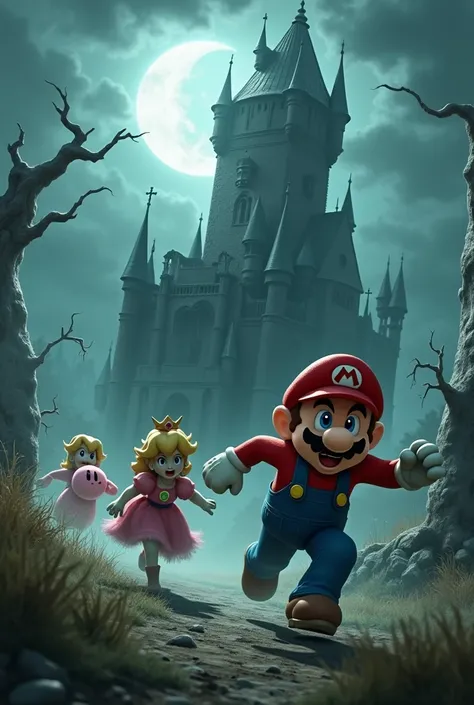 Mario, Kirby and Link are scared of Zombie Peach and run away from the Ghost Tower