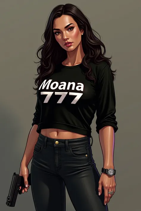 Create a photo of a character from GTA RP Brunette with curly black hair on her shoulder ,  black blouse written Moana 777 and a gun in her hand without much realism a game character