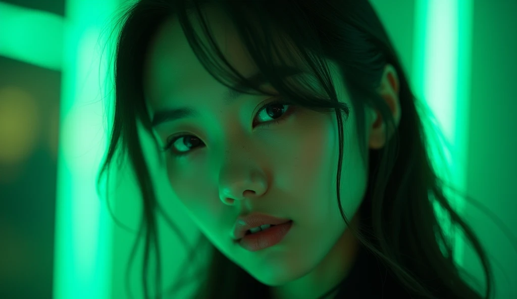 Prompt: A portrait of an Asian woman with neon green lights in the background, shallow depth of field.