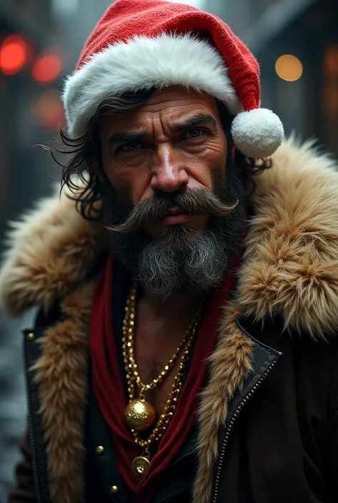  Scruffy male thief dressed in fur, gold necklace and Santa Claus hat  