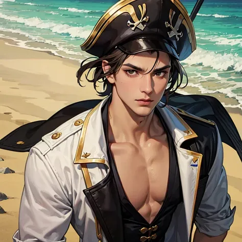 A portrait of young pirate man with soft tanned skin, detalhed face without beard , pirate ,with leather hat ,  white shirt until the elbow,., carring a gun ,Lightly combed short hair.,  high resolution,  best quality , detail,  super detail ,  Lips slight...