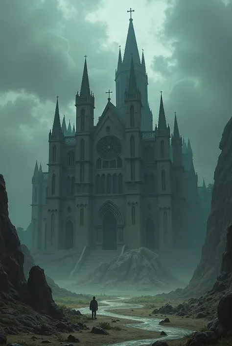 An island shaped like a human skull with a cathedral on top