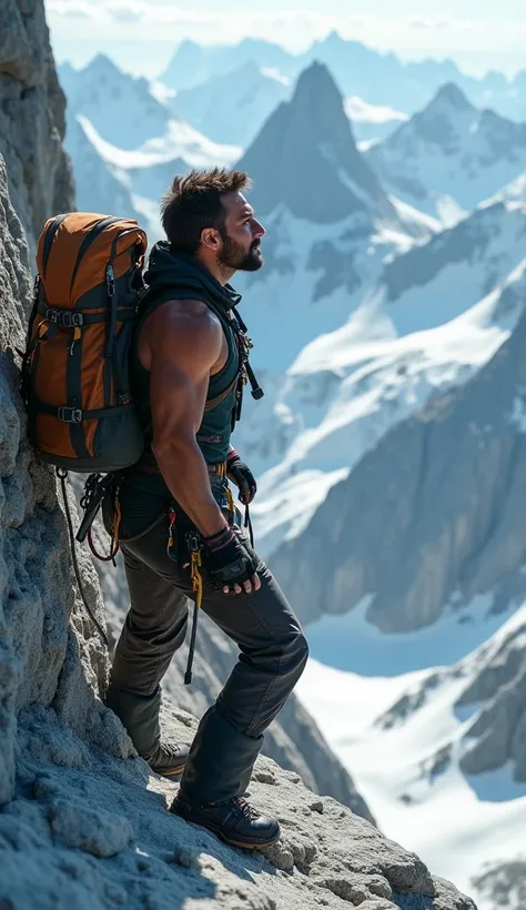 A climber halfway up a steep mountain, pausing to look up with determination, with a vast, inspiring landscape in the distance.