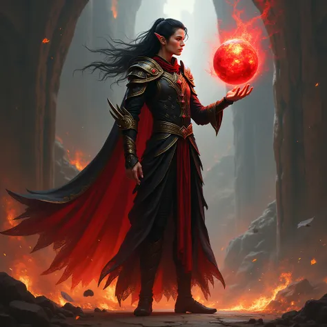 An elf mage with black hair and yellow eyes, 180 centimeters tall, in black and red mage armor, in one hand he holds a crimson sphere that levitates above his hand, and with his other hand he extends it to the side and creates fire. on the background 