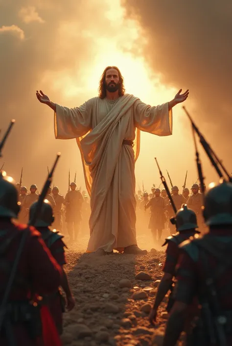 A WAR IS BEING FOUGHT  ,  AND IN THE MIDDLE JESUS APPEARS STOPPING THE WAR AND MAKING PEACE