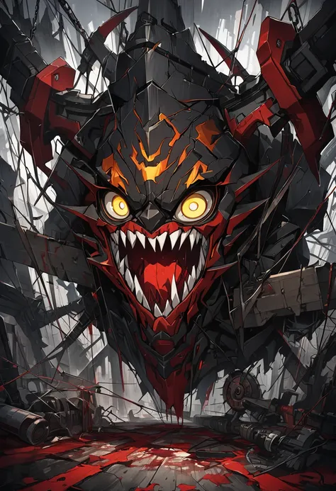 a demon made of chainsaws and wire, with sharp teeth, yellow eyes, a bloody floor, devil my cry style art, around it there are several wires, high definition 8k