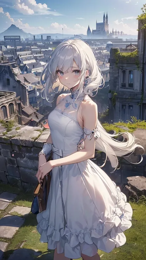 (( top quality 、 complete anatomy、Five fingers、Full Arms、 Details)),woman,(((日本人woman、Alone, slightly brownish white hair 、Hair that goes up to the shoulders 、 Fantasy Outfit 、royal dress 、Thin dress、 White Dress 、skirt lift,windup skirt,Melancholic face、高...