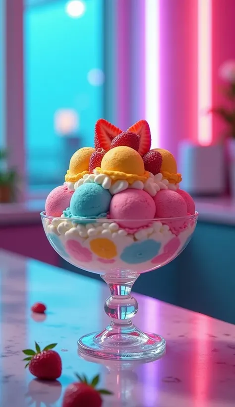 Colorful ice cream dessert in a long glass bowl, Topped with whipped cream and fresh fruit, 80s pop art coffee shop counter seating, Vivid gradient colors, Surreal, 8k, high quality, Realistic　スカイブルーのネオン