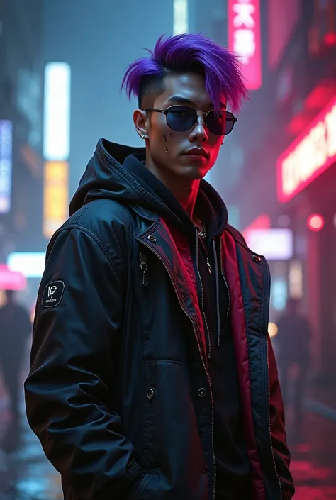 A fixer from the world of cyberpunk 2077 is a handsome ,  sporty Chinese man in stylish cyberpunk clothes.  Dyed purple hair.  Stylish cyberpunk glasses , cyber implants on the face . 