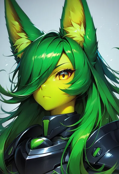 one person, female,green-yellow skin, nine green fox tails, very large fox ears, green-black futuristic carapace armor, complex full armor, imposing, expressionless, emotionless, yellow eyes, yellow sclera, green long flowing hair,hair over left eye, sharp...