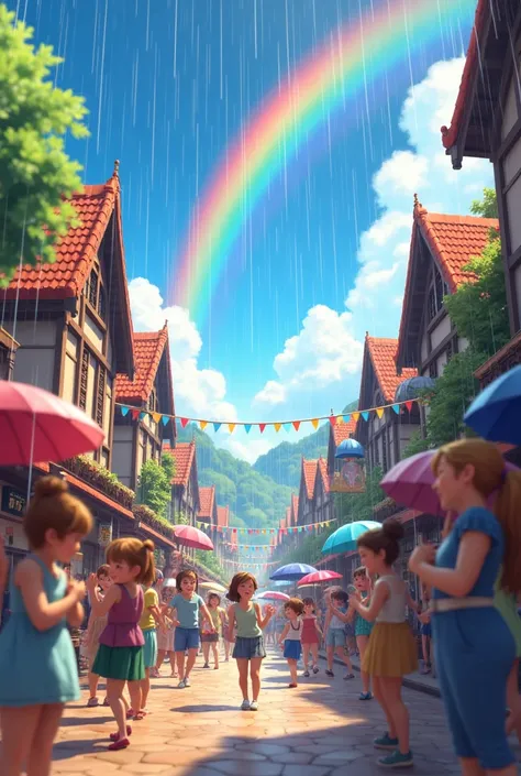 A wide shot of the town celebrating in the rain ,  with clear skies and a rainbow forming on the horizon.