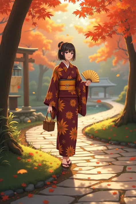 A serene and picturesque depiction of a young woman strolling through a quiet Japanese park during the early days of autumn, wearing a beautifully patterned yukata. The fabric of her yukata reflects the seasonal transition, adorned with motifs of maple lea...