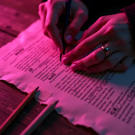  create an image deciphering a document focused on the hands and the document itself, In shades of neon pink .