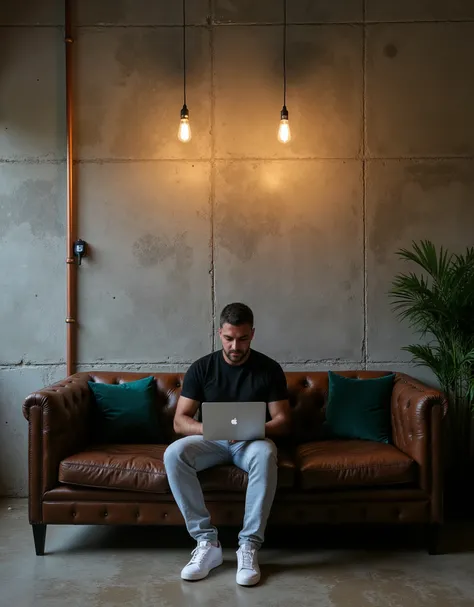 (Masterpiece:1.3), (8K, Photorealistic, RAW photo, Best Quality: 1.4)A stylish, industrial-inspired lounge where a young man sits on a vintage dark brown leather sofa, absorbed in his laptop. The room features textured gray concrete walls adorned with geom...