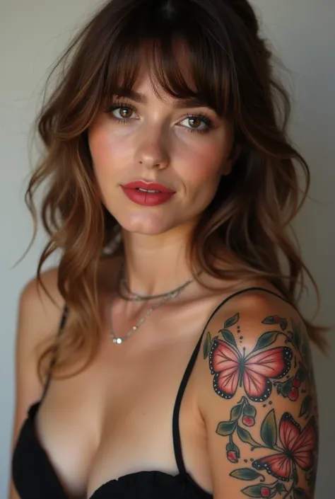 a 19 year old woman, large fringed hair light brown hair color, dark brown eyes,nariz fino com um piercing, Portiço eyelashes ,  silicone on the breast skinny 60 ,00kilos , big ass, flower tattoo with butterflies on the right arm , short one meter and 60 ,...