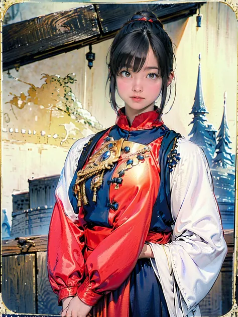 Japanese Woman、 Medieval European Castle Towns、Woman in armor、Woman Carrying a Sword 、Breastplate Armor、Shoulder Armor、 black hair、 long hair、 Brown Leather Pants 、Full body portrait、 full body image 、 drawing、Buster Sword、 mature、chest emphasis、  red cost...