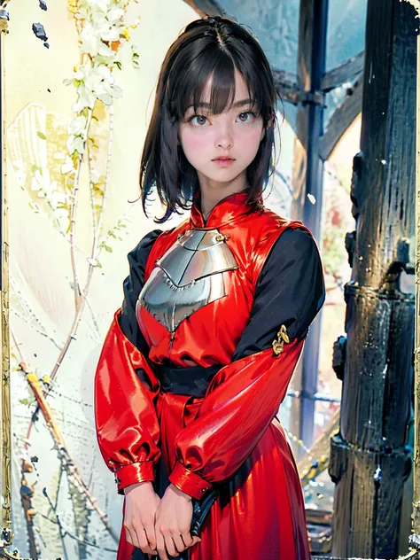 Japanese Woman、 Medieval European Castle Towns、Woman in armor、Woman Carrying a Sword 、Breastplate Armor、Shoulder Armor、 black hair、 long hair、 Brown Leather Pants 、Full body portrait、 full body image 、 drawing、Buster Sword、 mature、chest emphasis、  red cost...