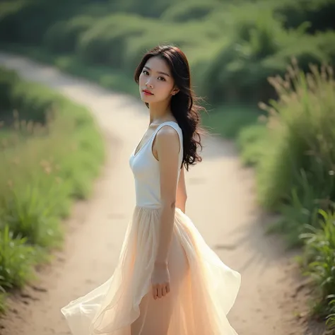 beautiful asian woman, 30 years old, wearing a thin translucent skirt walking down a path, front facing camera, hd.