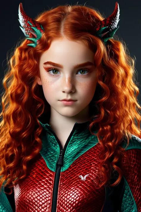 , create a young girl with long curly red hair, in a dragon skin suit ,  sporty and with a scar on her eyebrows 