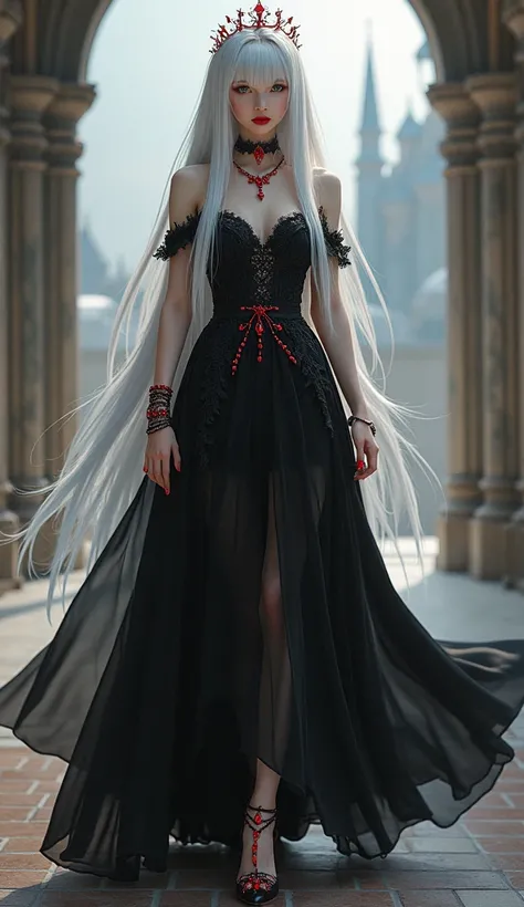 IMAGE OF MANHWAS 
Beautiful and wicked girl 
Straight and long white hair 
Without bangs with a blood-red tiara 
Blood-colored eyes 
Red lips 
Black dress with lace and red diamonds 
High heels with red diamonds 
Aros,necklace and bracelets 
Walking to a b...