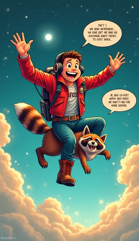  A comedic adventurer wearing a red leather jacket ,  wearing headphones connected to an old Walkman .  Star-Lord flies with his propelling boots over a galactic landscape full of stars. A small raccoon (rocket) is hanging on his leg ,  while bubbles of di...